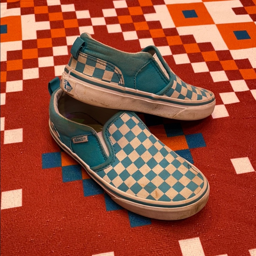 Turquoise&W vans checkerboard slip ons kids size 1